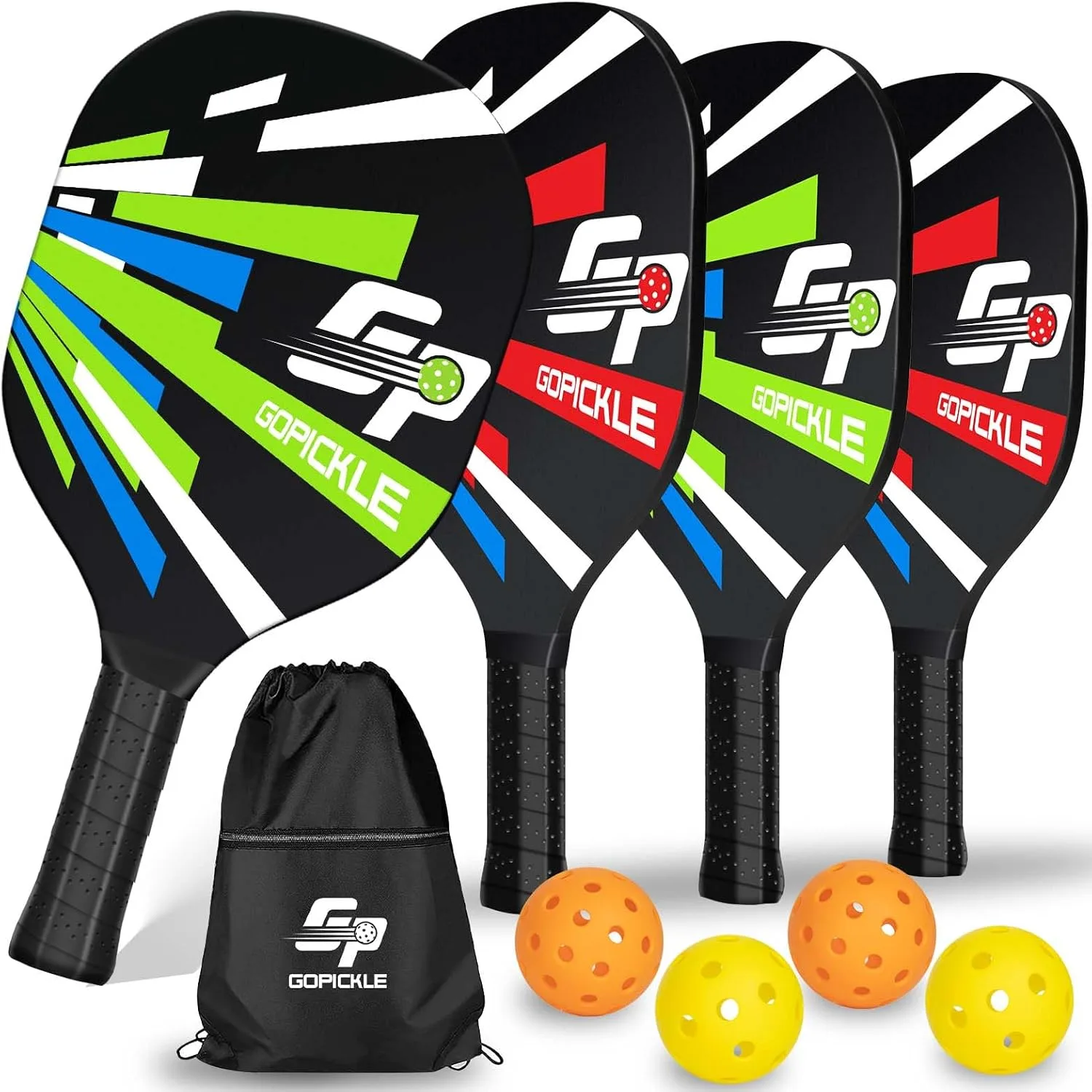 GoPickle pickleball paddle set with 4 wooden paddles and balls