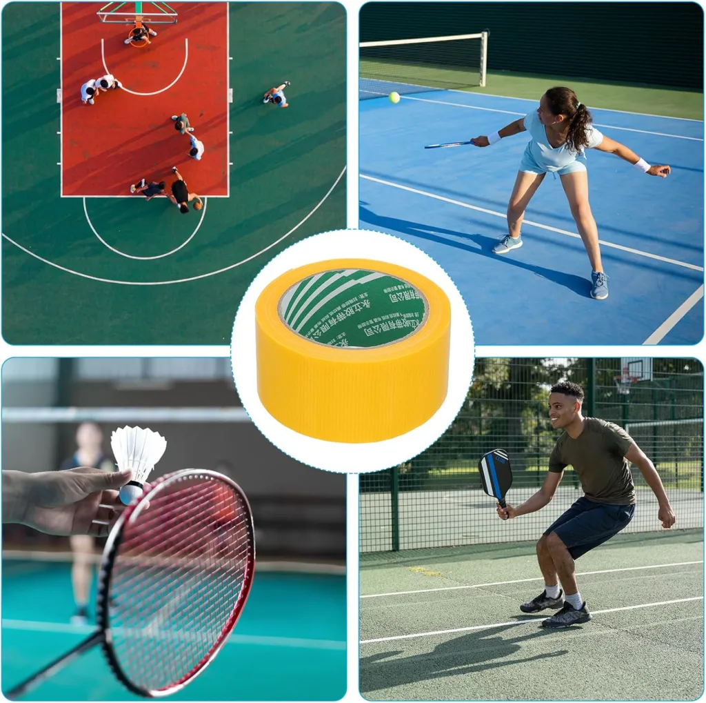 Person applying pickleball court line tape to a tennis court for easy conversion.