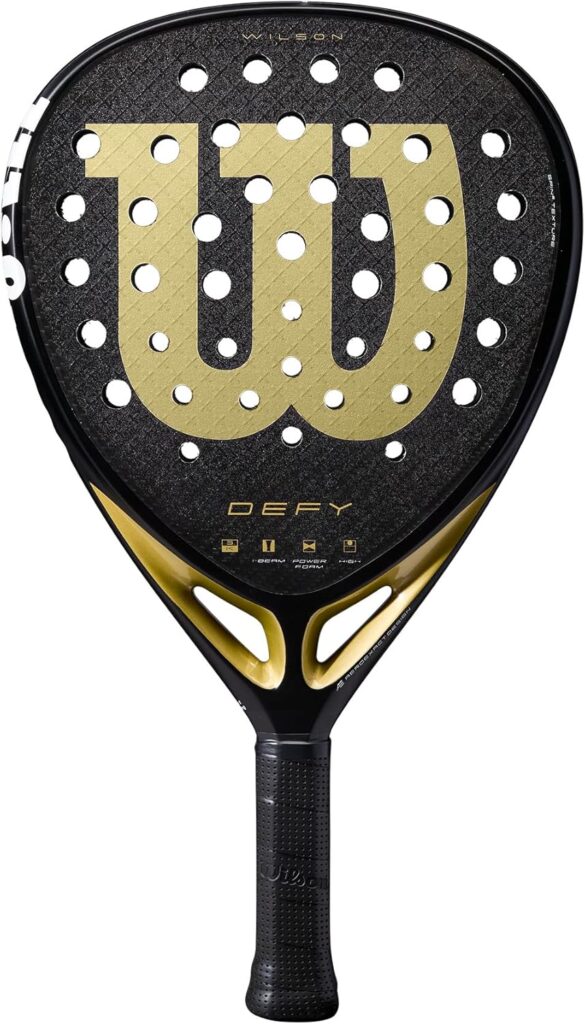 Wilson Defy black and gold padel racket with gold-coloured accents – premium design for balanced control and power
