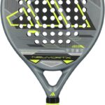 Front view of the Adidas Neuvortx Black and Yellow Padel Paddle showing its round shape, balanced design, and striking black-lime color scheme.