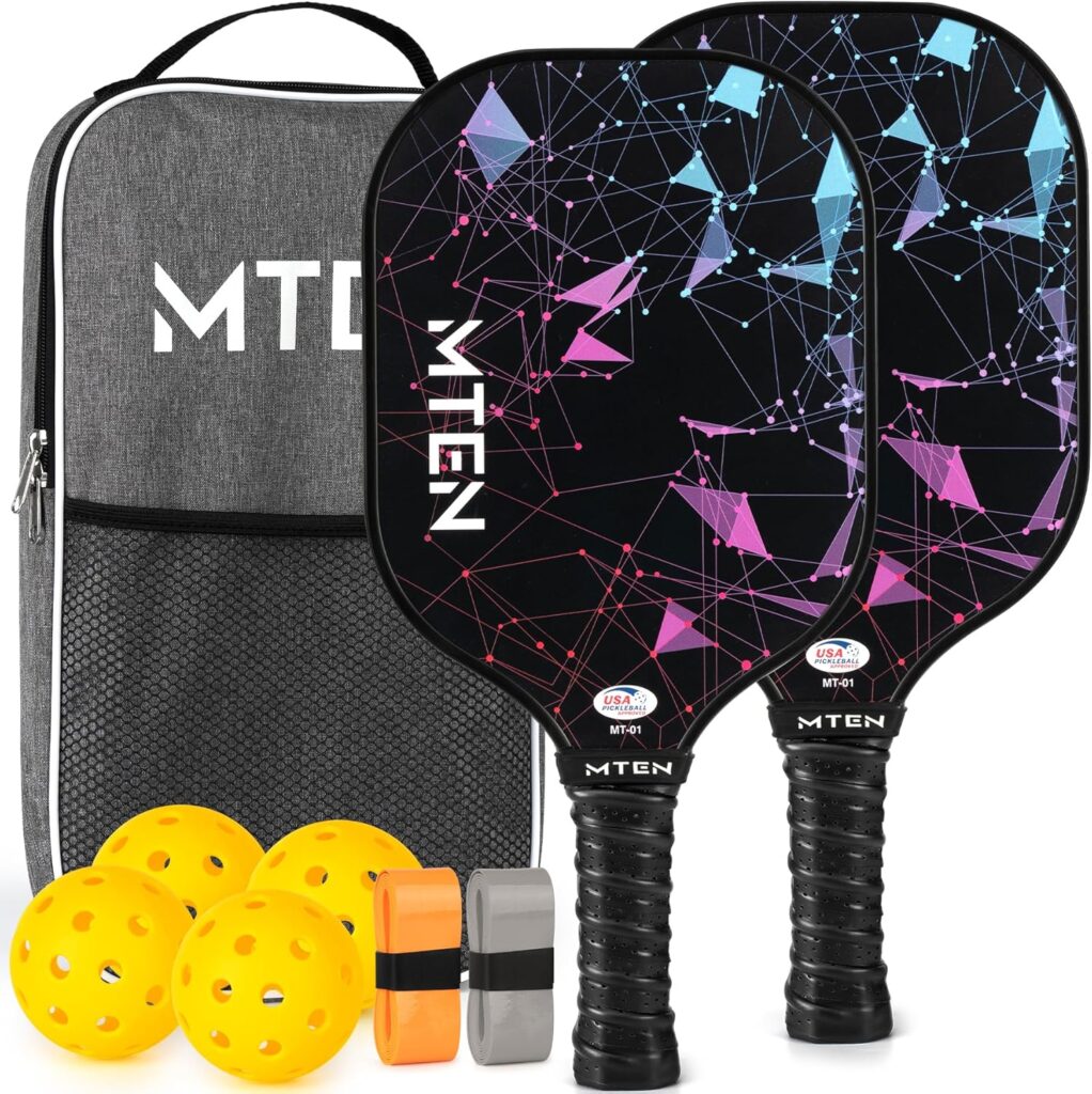 MTEN pickleball paddle set with two paddles, balls, and portable bag